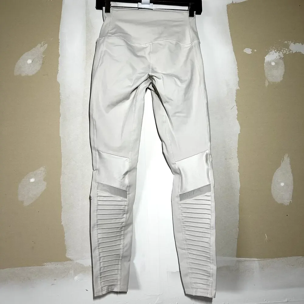 Alo Yoga 7/8 High Waist Moto Leggings Mesh Pleated Elastic Waist White Small - Picture 5 of 5